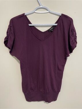 309 Express Deep Plum V-Neck Short Sleeve Top